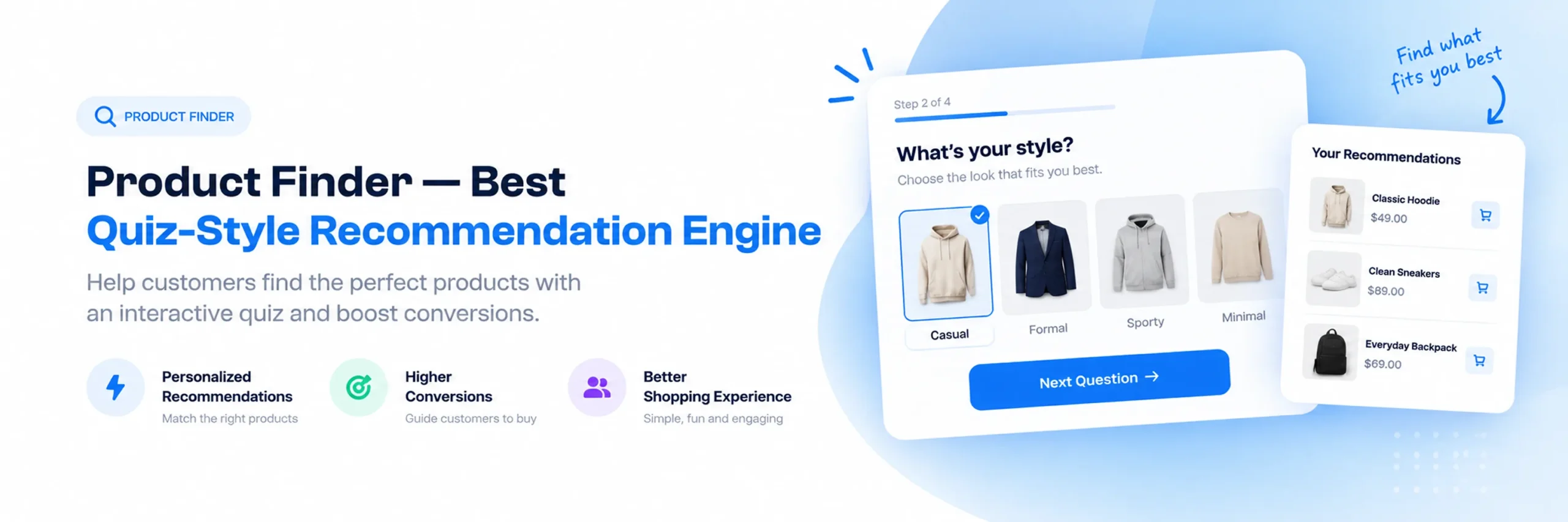 Product Finder quiz recommendation plugin interface\