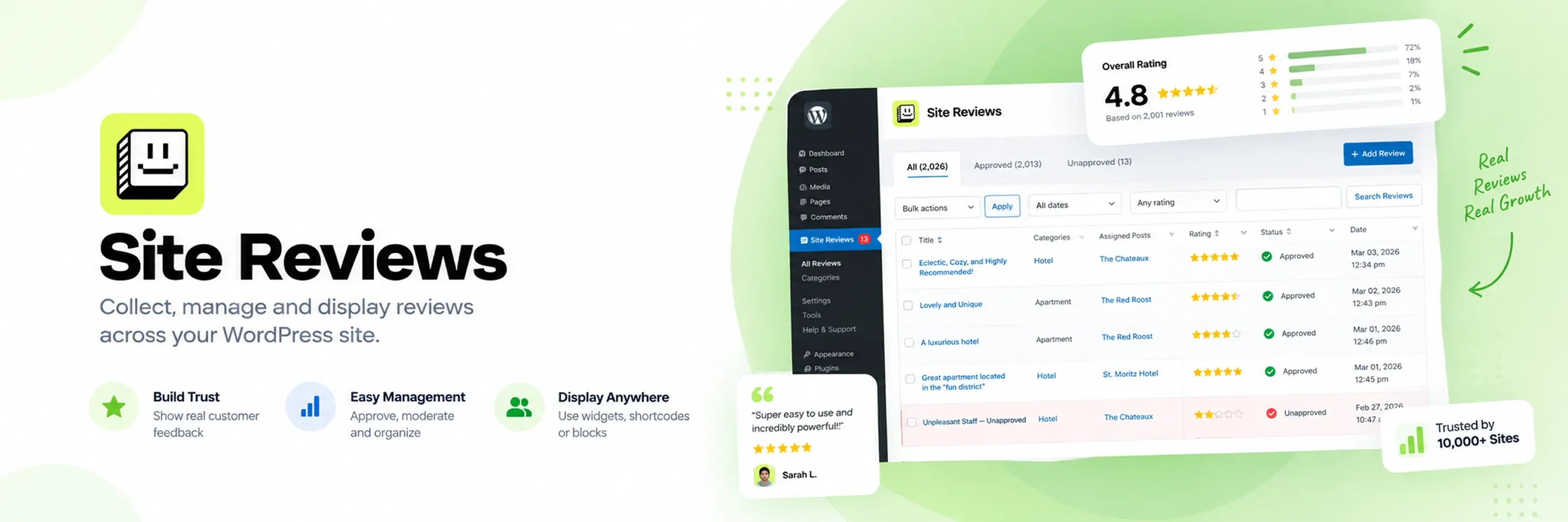 Site Reviews plugin dashboard for WordPress and WooCommerce products
