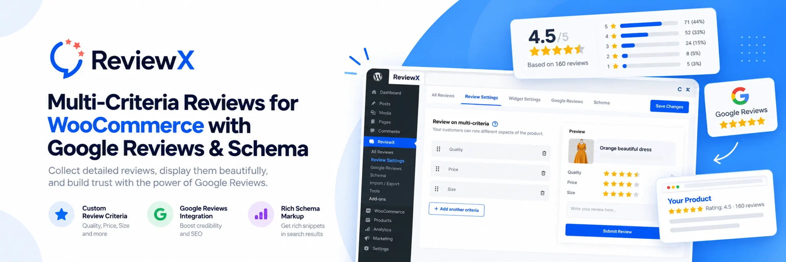 ReviewX multi-criteria photo and video review collection interface for WooCommerce