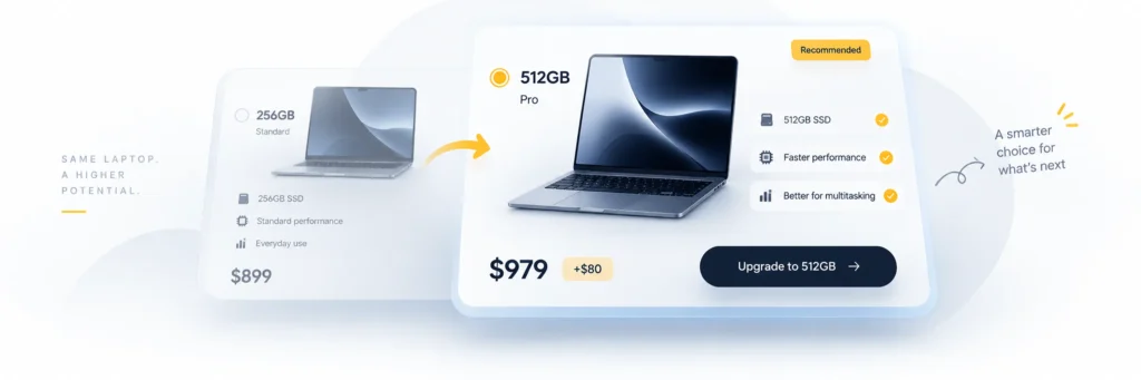 Upsell example upgrading product tier on WooCommerce product page\