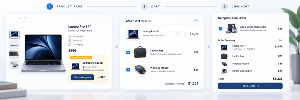 Customer journey map showing upsell on product page and cross-sell in cart\