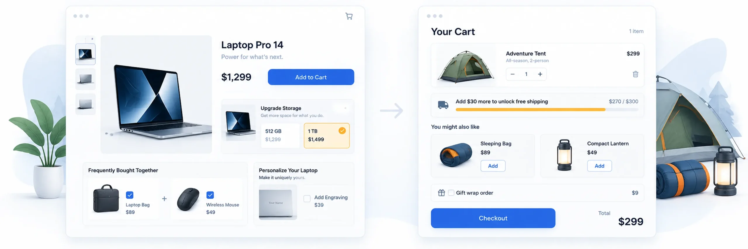 Free shipping progress bar and tiered cart upsell idea\